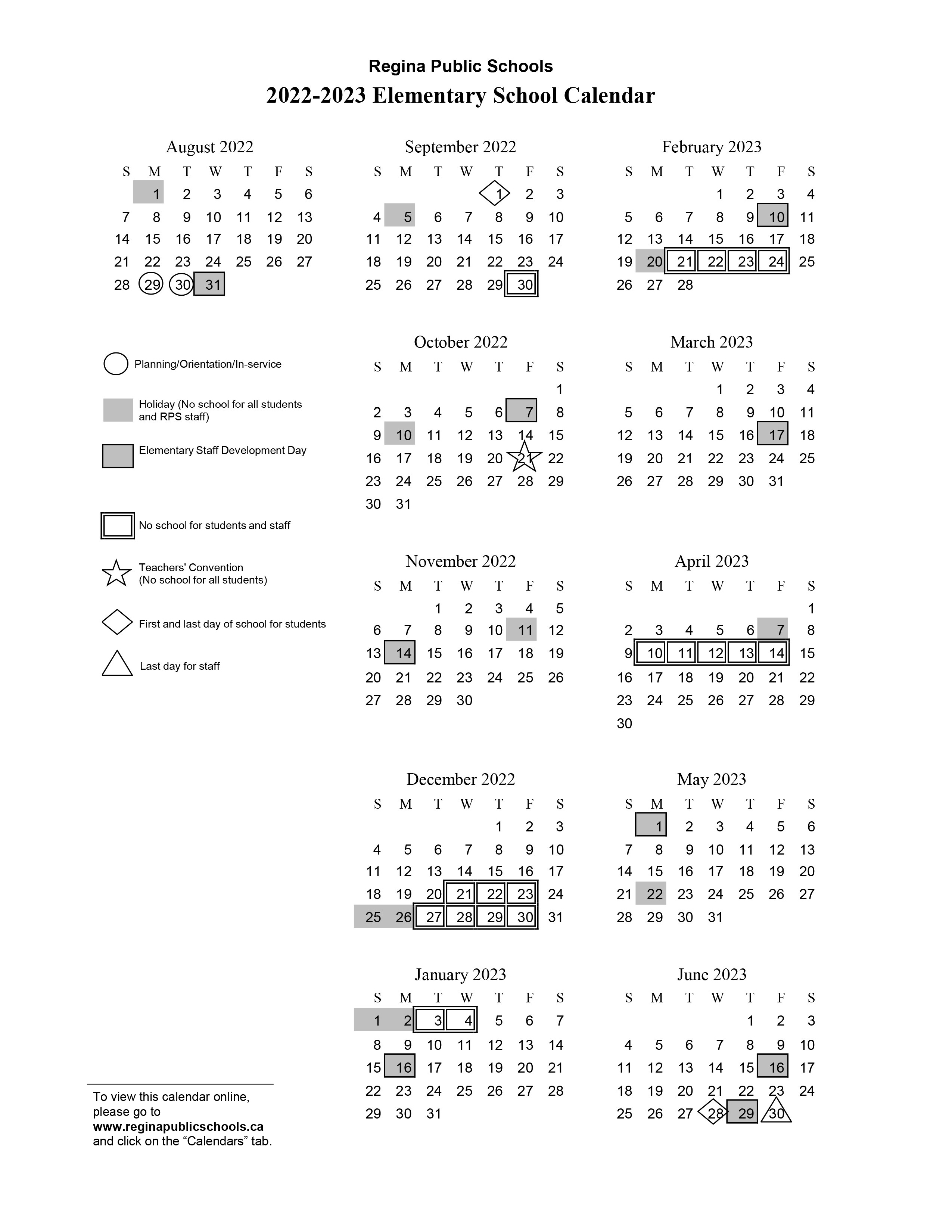 Elementary Calendar 202223 Regina Public Schools